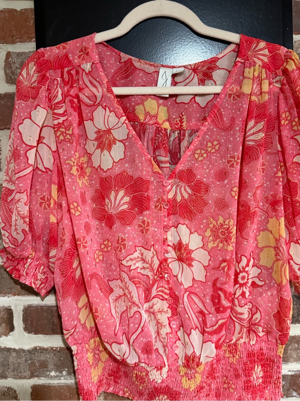Joie Pink Floral V-Neck Puff Sleeve Blouse
